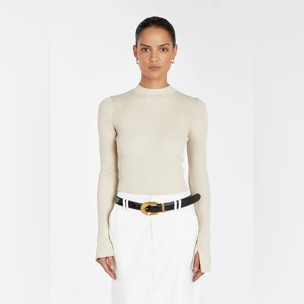 DISSH Donna Stone Long Sleeved Ribbed Knit Top in Stone Off-White Size Small